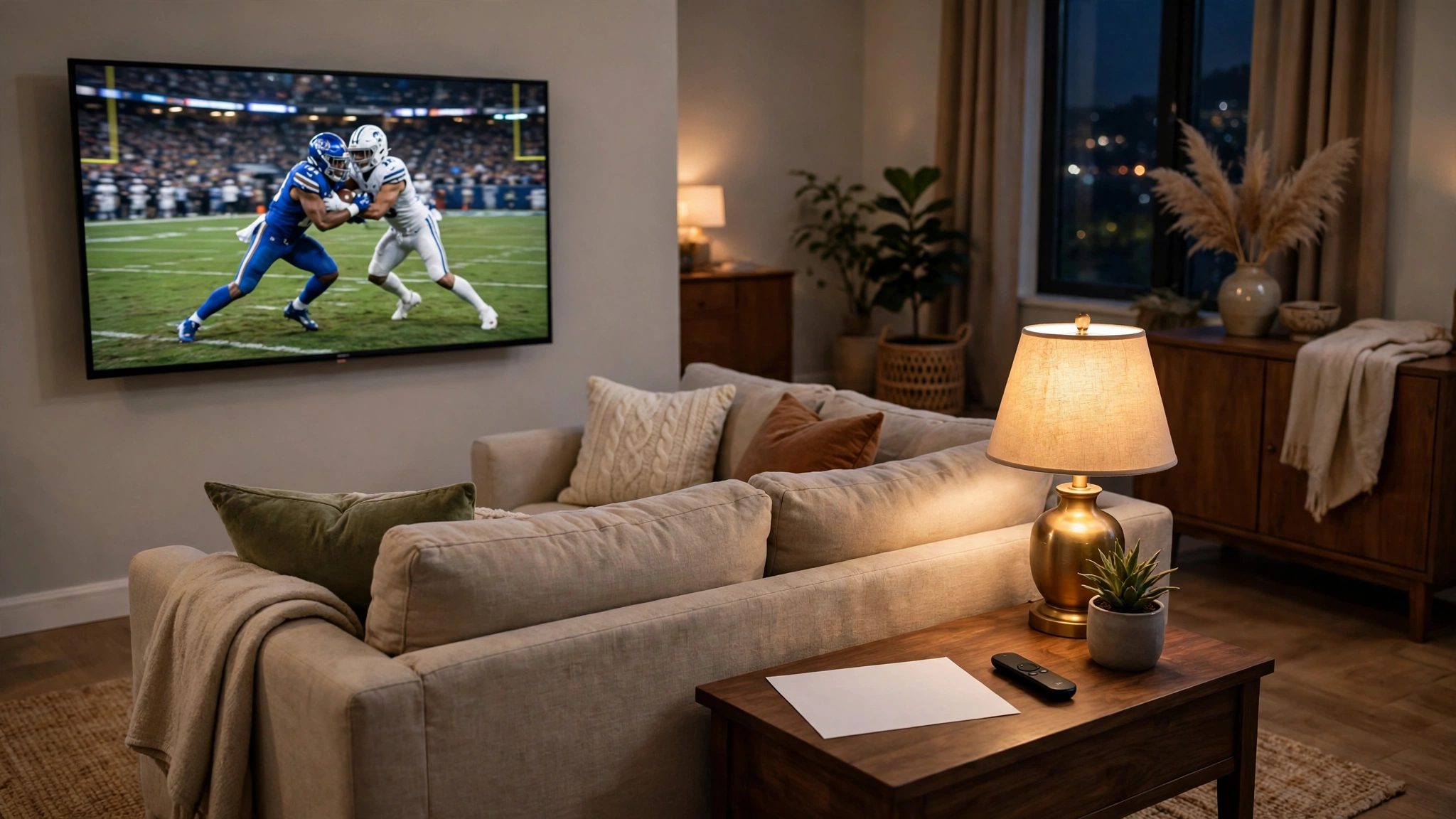 IPTV vs cable cost USA: American living room comparing an expensive cable TV bill with affordable IPTV streaming in 4K