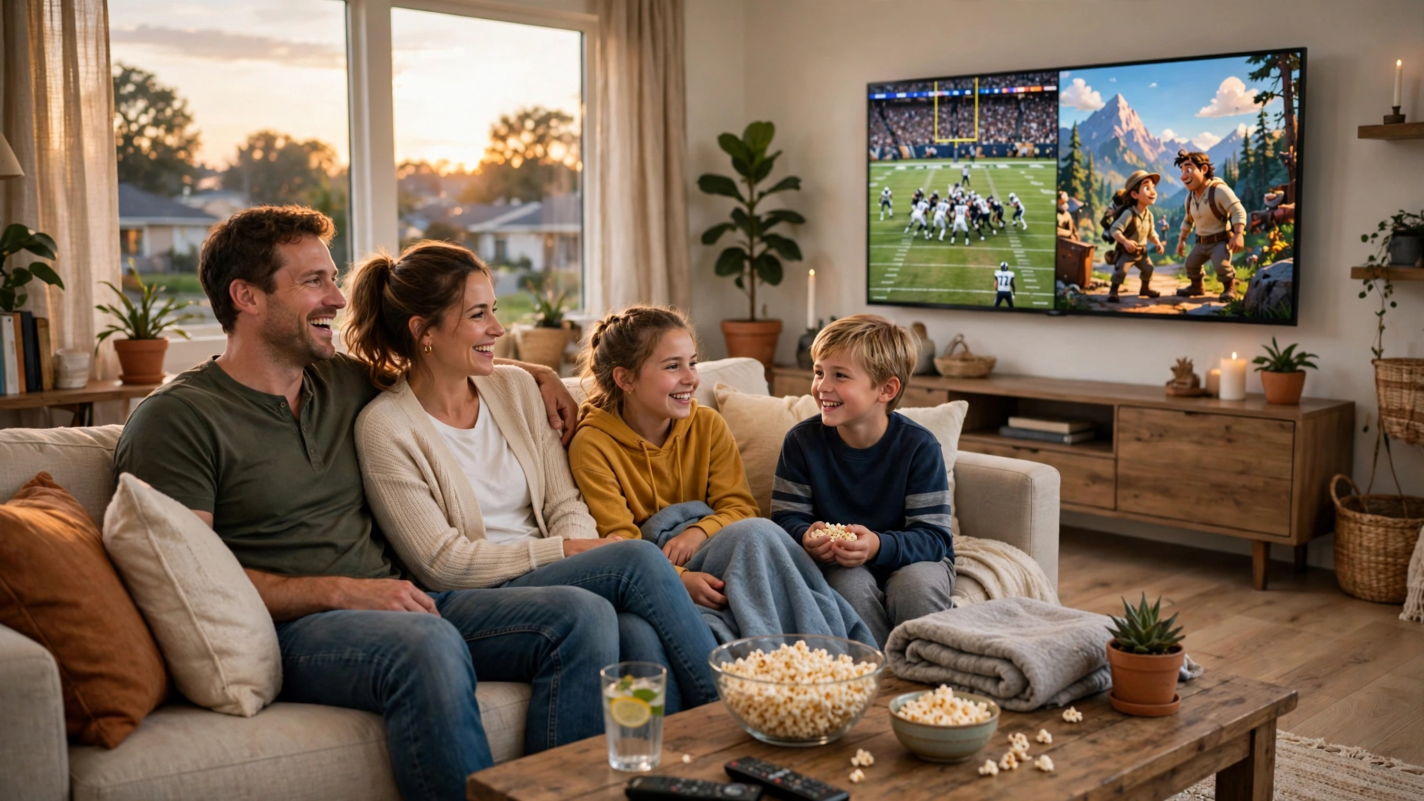 IPTV vs cable cost USA: Family watching sports and movies at home after cutting the cord and saving on cable costs
