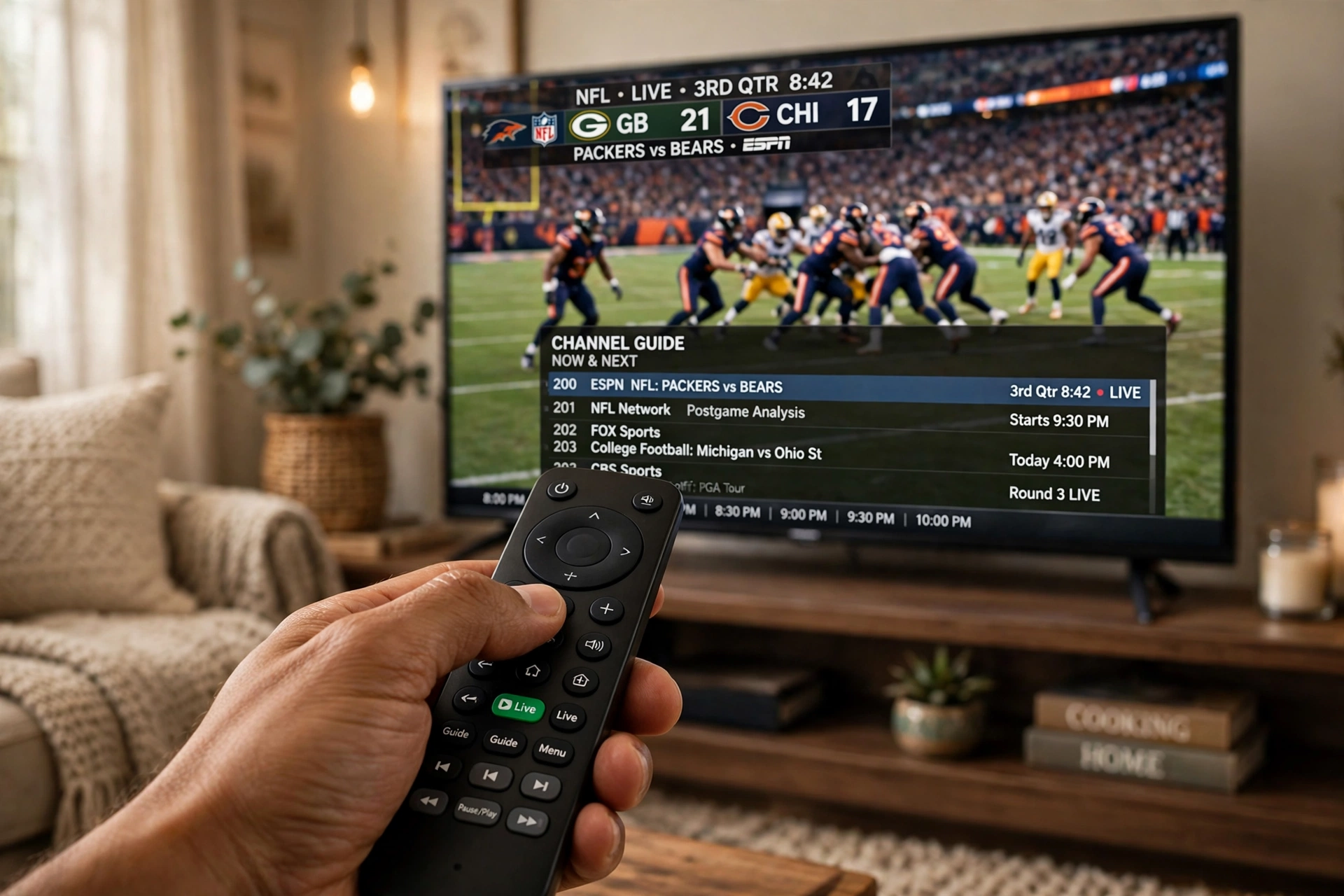 How to watch NFL without cable: Hand holding a streaming remote pointing at a TV showing a live football game and channel guide